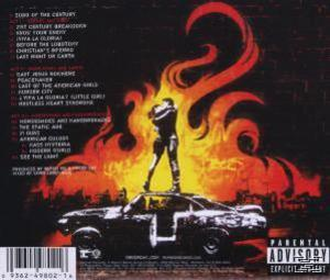 Albumcover zeigt einen Mann auf einem Auto, das in Flammen steht, mit einer Liste der Songtitel auf der Seite.