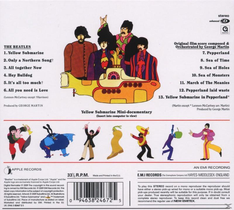 DVD-Cover: The Beatles' Yellow Submarine. Zeichentrickfiguren und Albumtracks.