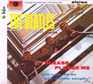 Albumcover von The Beatles 'Please Please Me'. Bandmitglieder auf einer Treppe, gelber Titeltext.