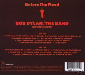 Bob Dylan und The Band Album-Rückseite. Titelliste ist rot dargestellt. Text ist dunkelrot.