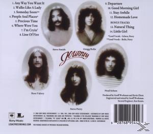 Album-Rückseite: Sechs Bandmitglieder, Text 'Journey', Titelliste rechts.