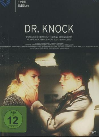 DVD-Cover für 'Dr. Knock'. Ein Mann und eine Frau stehen sich gegenüber.