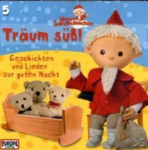Cartoon-Bild: Eine Santa-ähnliche Figur mit Teddybären in einer Wiege. Der Titel lautet 'Träum Süß!'