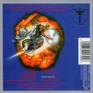Album-Rückseite. Blauer Hintergrund, ein drachenartiges Wesen. Text und Barcode.