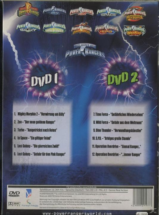 DVD-Hülle mit Power Rangers-Logos und Episodenlisten. Enthält 'The Best of Power Rangers' und DVD 1 & 2.