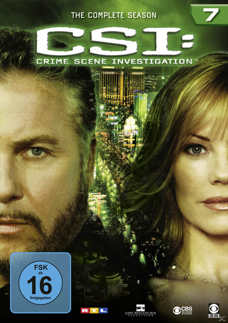 CSI DVD-Cover. Zwei Personen, Stadt im Hintergrund, 'FSK ab 16'-Zeichen und CBS-Logo.