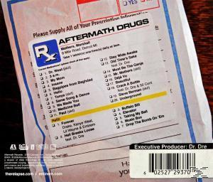 Albumcover. Design eines Rezeptetiketts. Text: 'Aftermath Drugs'. Liste der Songtitel. Barcode unten.