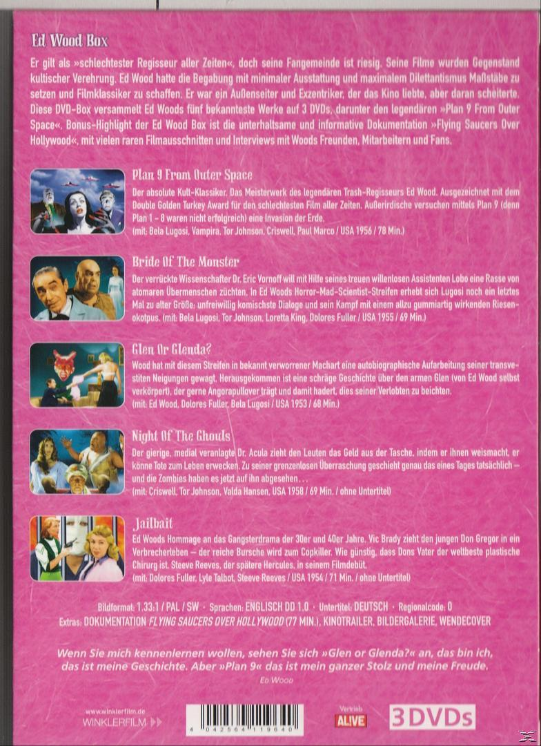 DVD-Cover. Text auf rosa Hintergrund. Verschiedene Schwarzweißbilder. Titel: "Ed Wood Box".