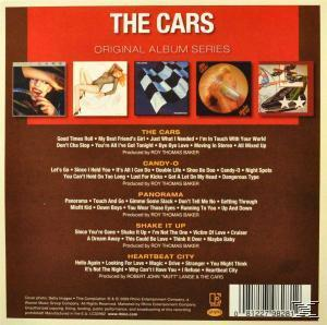 Albumcover mit Songtiteln und kleinen Bildern. The Cars, Original Album Series.