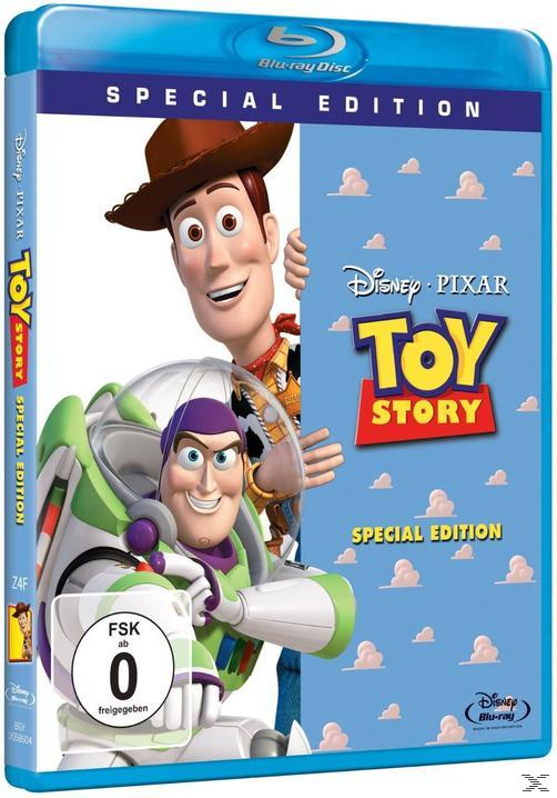 Blu-ray-Cover: Woody und Buzz Lightyear mit blauem Himmel. Titel: "Toy Story".