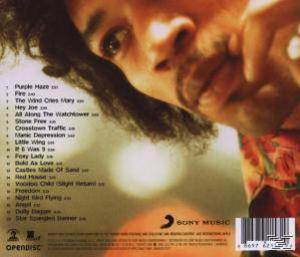 Albumcover mit Nahaufnahme von Jimi Hendrix' Gesicht und Titelliste.
