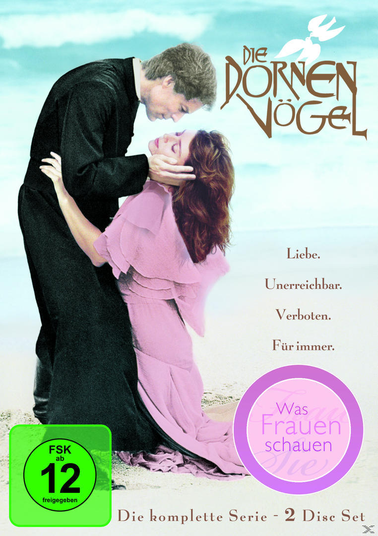 DVD-Cover von 'Die Dornenvögel'. Mann und Frau umarmen sich. Rosa Kleid, Strandkulisse, Textüberlagerung.