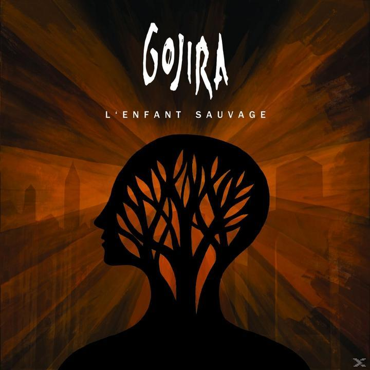 Albumcover für Gojira L'enfant Sauvage. Eine Silhouette eines Kopfes mit baumartigen Adern. Orange und Schwarz werden verwendet.