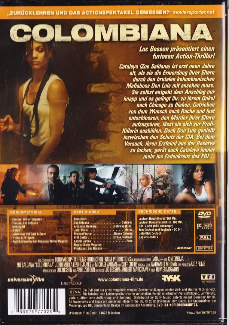DVD-Cover für den Film „Colombiana“. Eine Frau steht im Mittelpunkt, mit anderen Bildern rund um das Cover.