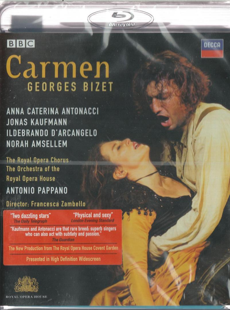 Blu-ray-Cover mit Opernsängern. Text: Carmen. Darsteller: Antonacci, Kaufmann, D'Arcangelo.