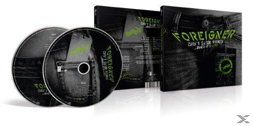 Albumcover mit zwei CDs. Das Cover ist schwarz mit einer Tasche. Text: Foreigner, Can't Stop. Grüne Details.