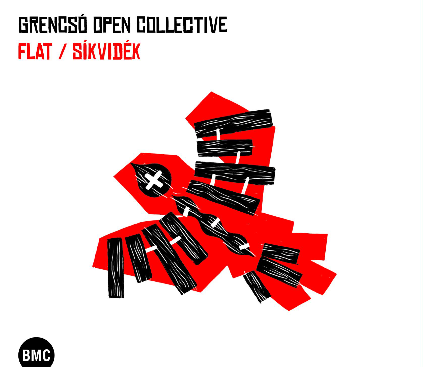 "Grencso Open Collective - Flat / Sikvidek" album borítója, piros absztrakt formával fehér háttéren.