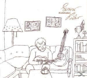 Strichzeichnung eines Mannes, der Gitarre spielt. Der Titel lautet 'Svarar Kvöldvaka', geschrieben oben.