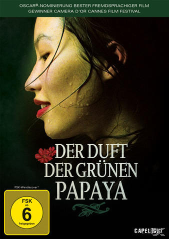 DVD-Cover von Der Duft der grünen Papaya. Es hat ein Frauengesicht und eine rote Blume.