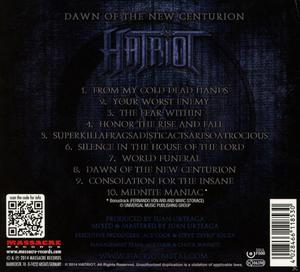 CD-Cover-Rückseite für Hatriot. Listet Tracks, mit Logo und Text auf.