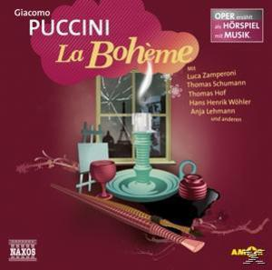 Cover für 'La Bohème'. Beinhaltet eine Bühnenkulisse mit Kerze, Weinglas und Musikinstrumenten.