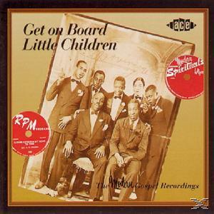 Albumcover von Get on Board Little Children. Gruppe von Männern in Anzügen und Hüten, Sepia-Ton, mit Logos.