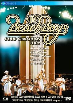 Das DVD-Cover der Good Vibrations Tour der Beach Boys. Band auf der Bühne, eine Surfbrett-Grafik dahinter.