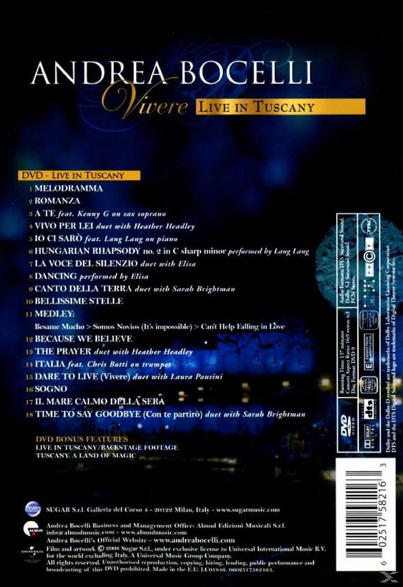 Rückseite einer Andrea Bocelli DVD mit Titelliste und Credits. Text auf dunklem blauem Hintergrund. DVD-Details enthalten.