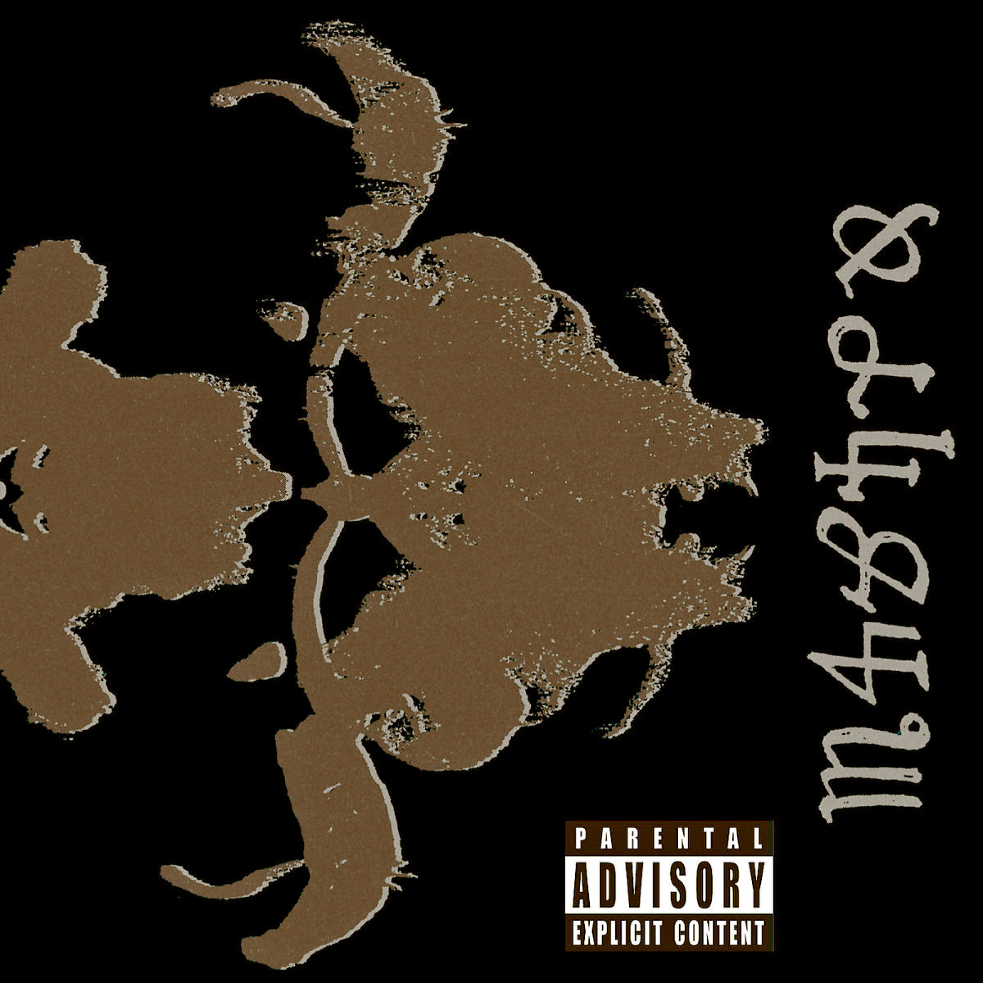 Abstraktes Albumcover. Braune Formen auf schwarzem Hintergrund mit dem Text 'm a 487p8'. Parental Advisory-Aufkleber.