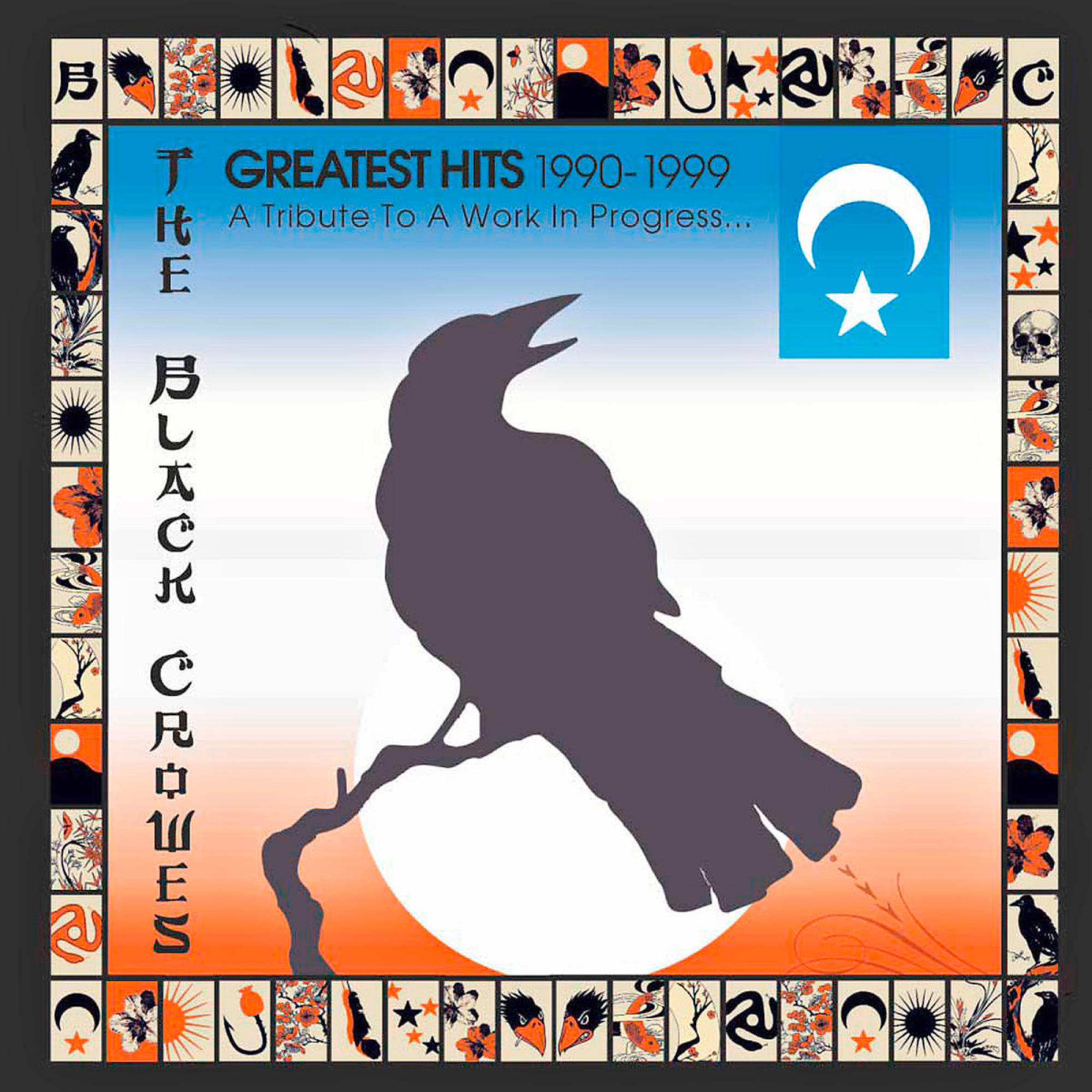 Das Albumcover von The Black Crowes. Eine schwarze Krähe vor einem weißen Kreis und einem blau-orangenen Hintergrund.