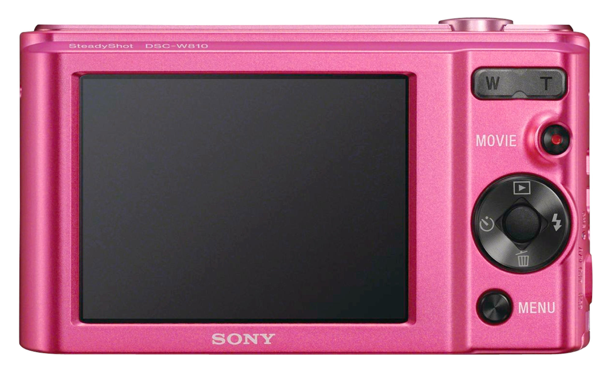 Una cámara digital Sony DSC-W810 rosa. Se ve la parte trasera de la cámara, incluyendo la pantalla y los botones.