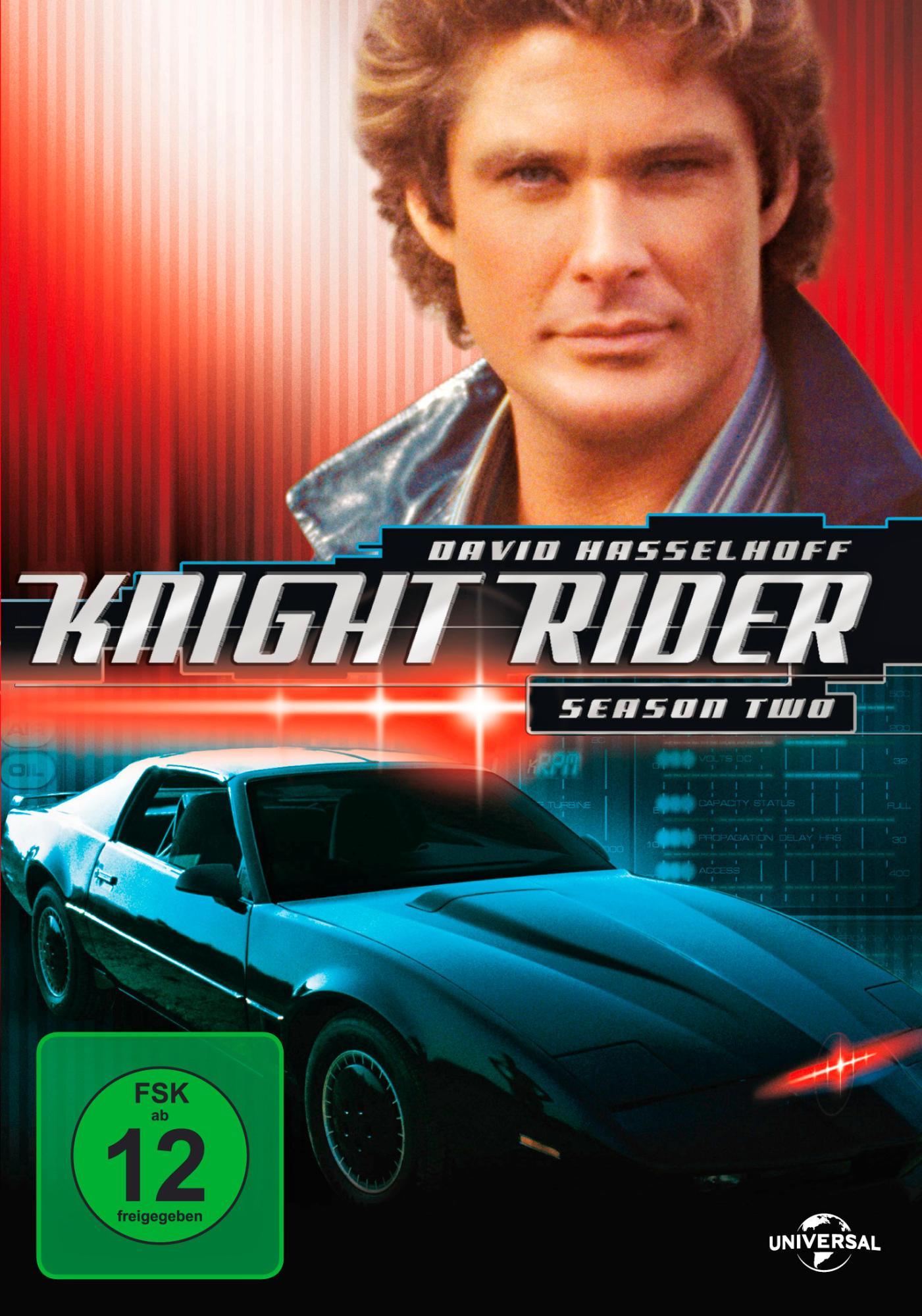 DVD-Cover für Knight Rider Staffel Zwei mit David Hasselhoff und einem Auto.