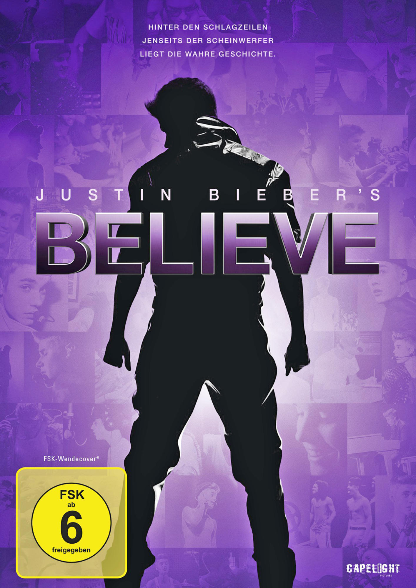 Justin Biebers Believe DVD-Cover. Biebers Silhouette vor lila Hintergrund. Ein gelber Aufkleber ist vorne.