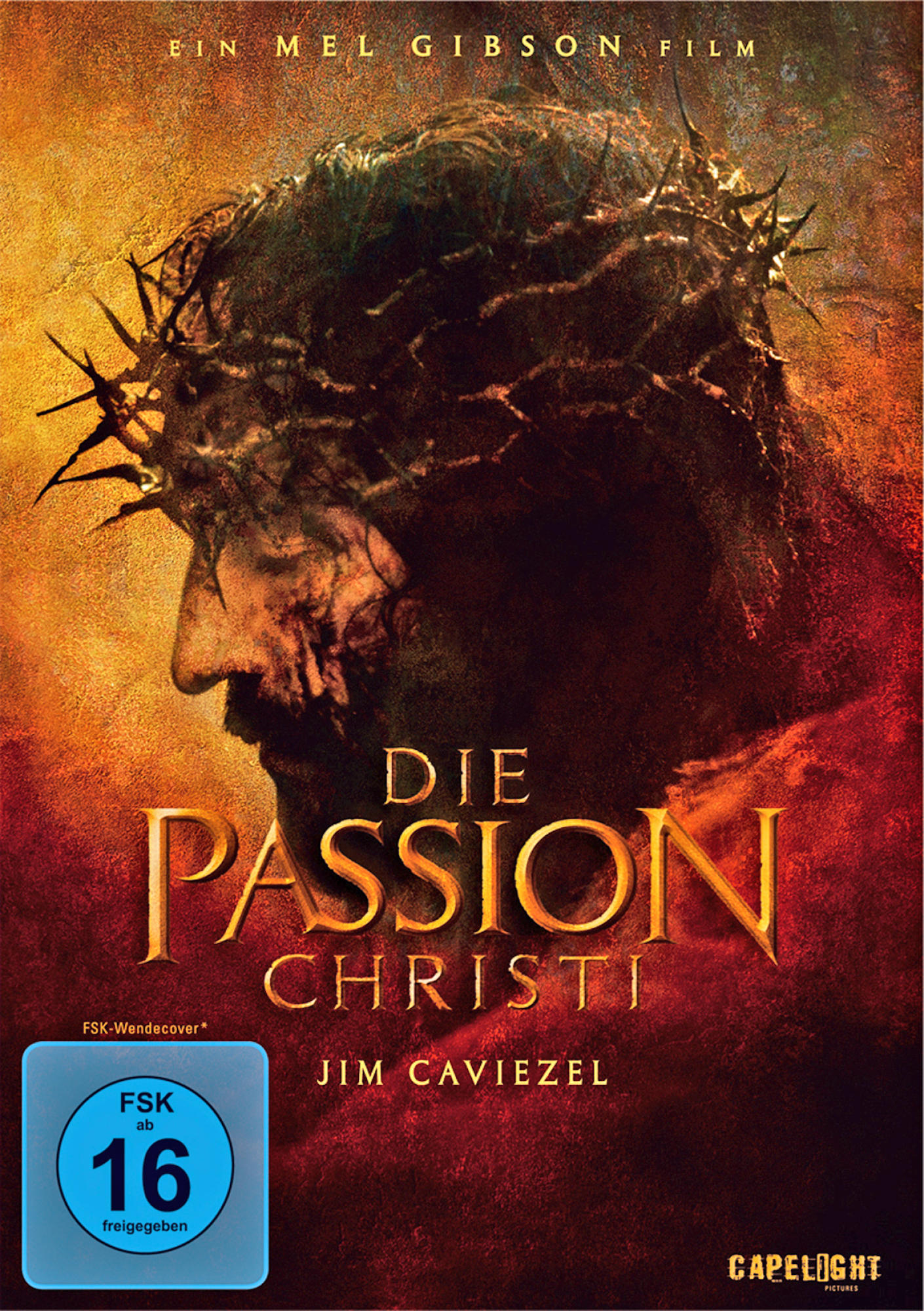 Filmcover mit Jesu Gesicht und Dornenkrone. Text 'Die Passion Christi'.