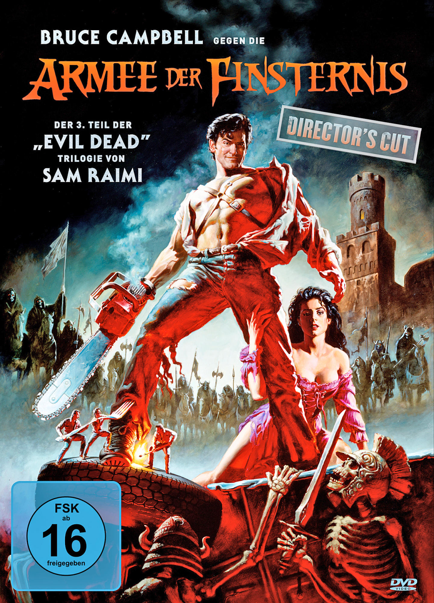 Evil Dead Filmcover. Ein Mann mit Kettensäge und Gewehr und eine Frau. Action-Stil.