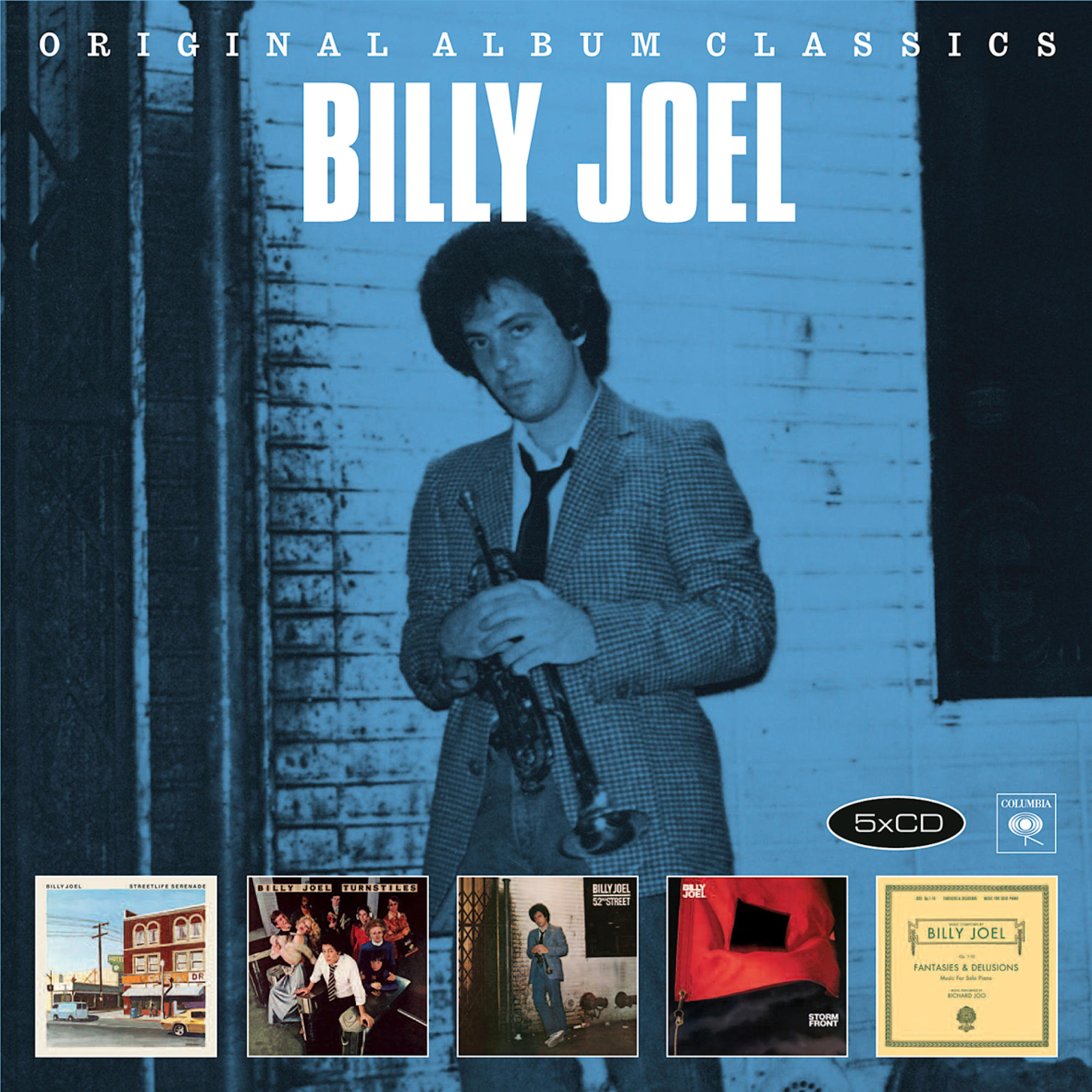 Albumcover, Billy Joel mit 5 Albumcovern darunter, blauer Hintergrund und der Text "Original Album Classics".