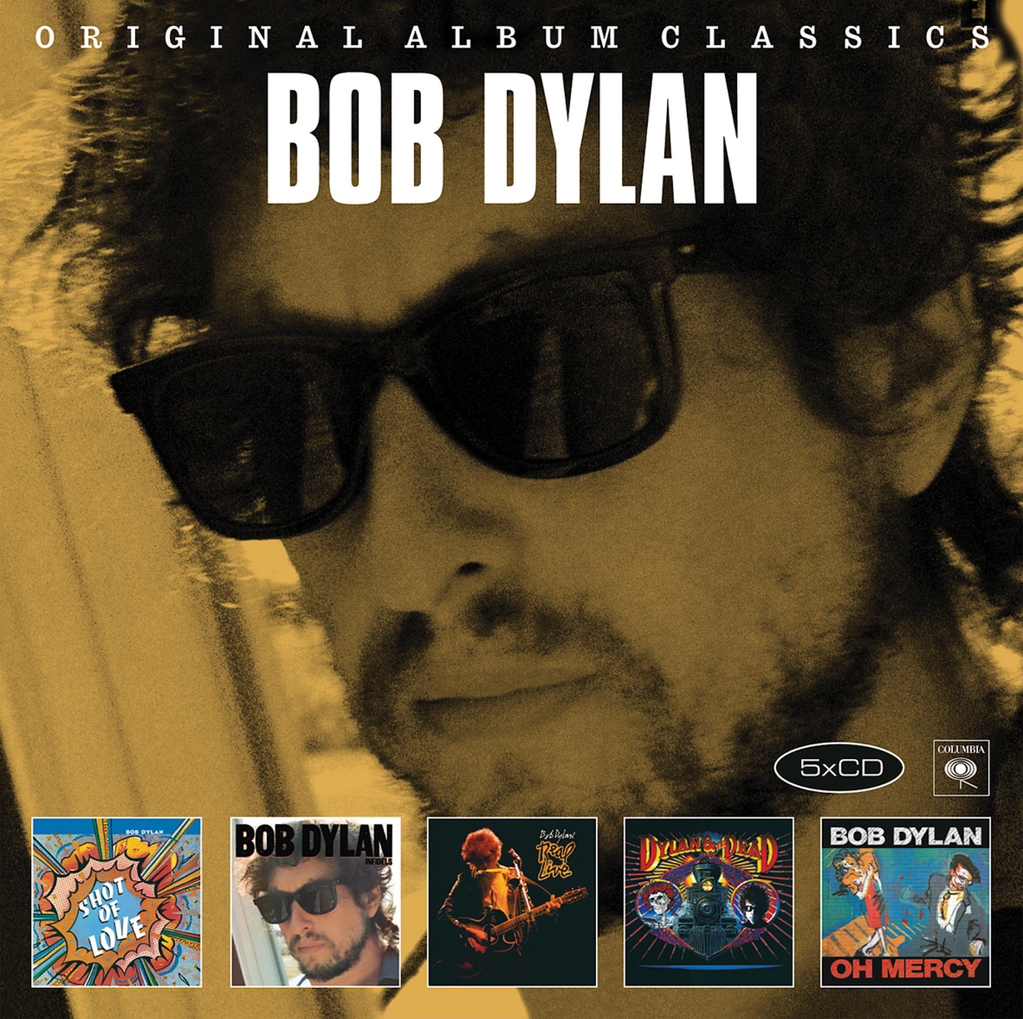 Albumcover: Bob Dylans Gesicht mit Sonnenbrille und mehrere Albumcover unten.