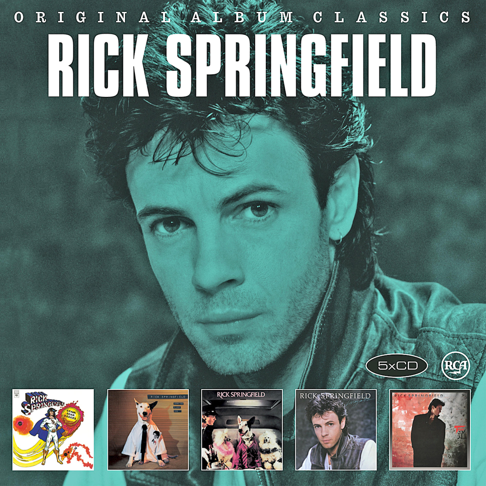 Albumcover mit Rick Springfield, Albumtitel und einer Collage seiner Albumcover.