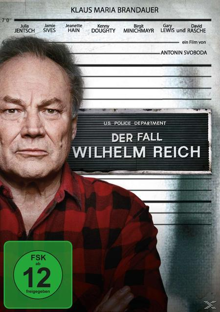 DVD-Cover: Der Fall Wilhelm Reich. Mann in rotem Hemd, Filmtitel, grüner Kreis mit Text, FSK 12.