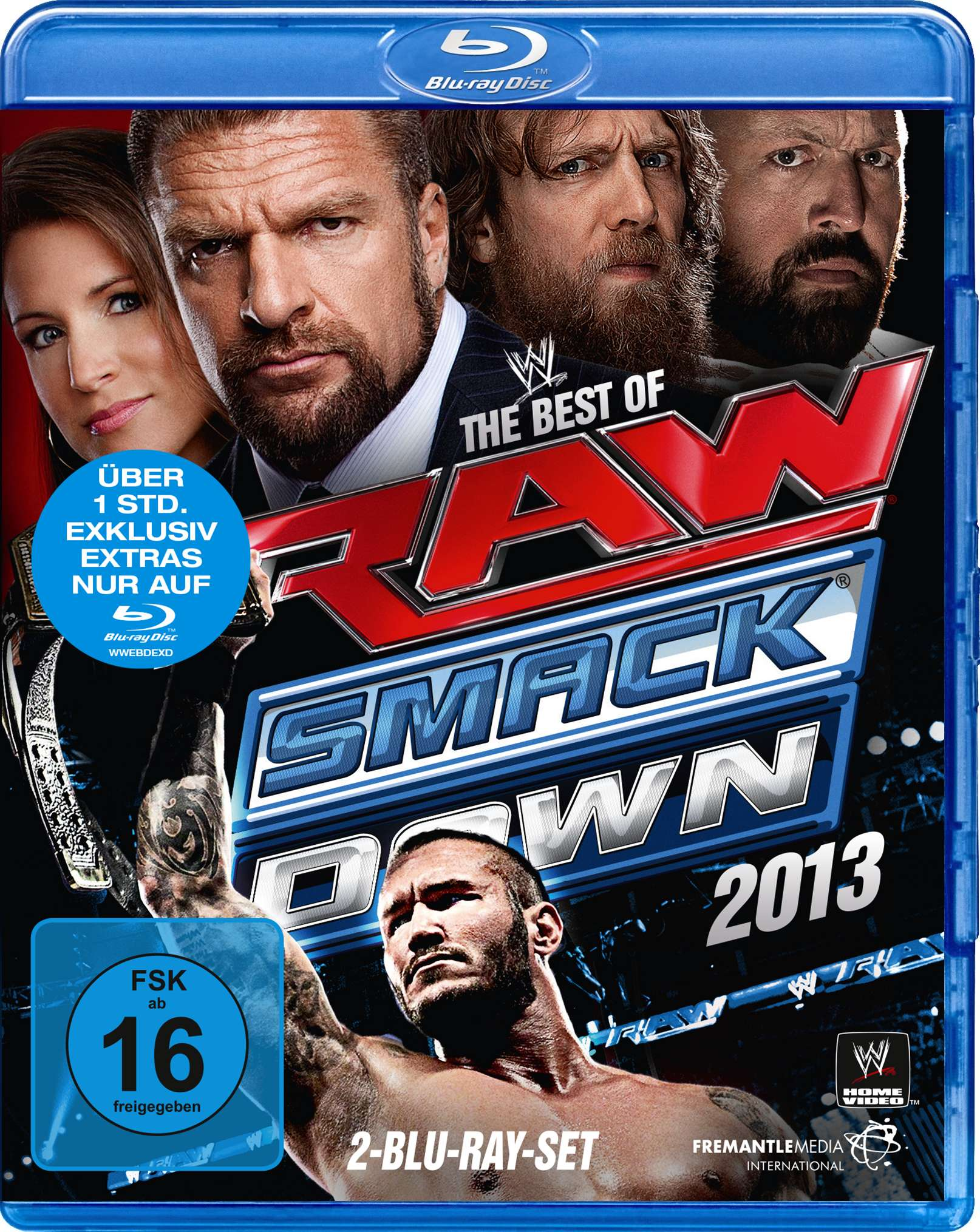 Blu-ray-Cover für WWE. Gesichter von Wrestlern, darunter Triple H und Randy Orton. Der Titel lautet 'RAW SMACKDOWN 2013'.