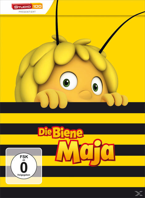 Zeichentrick-Biene, die über einen gestreiften Hintergrund schaut, Titel 'Die Biene Maja'.