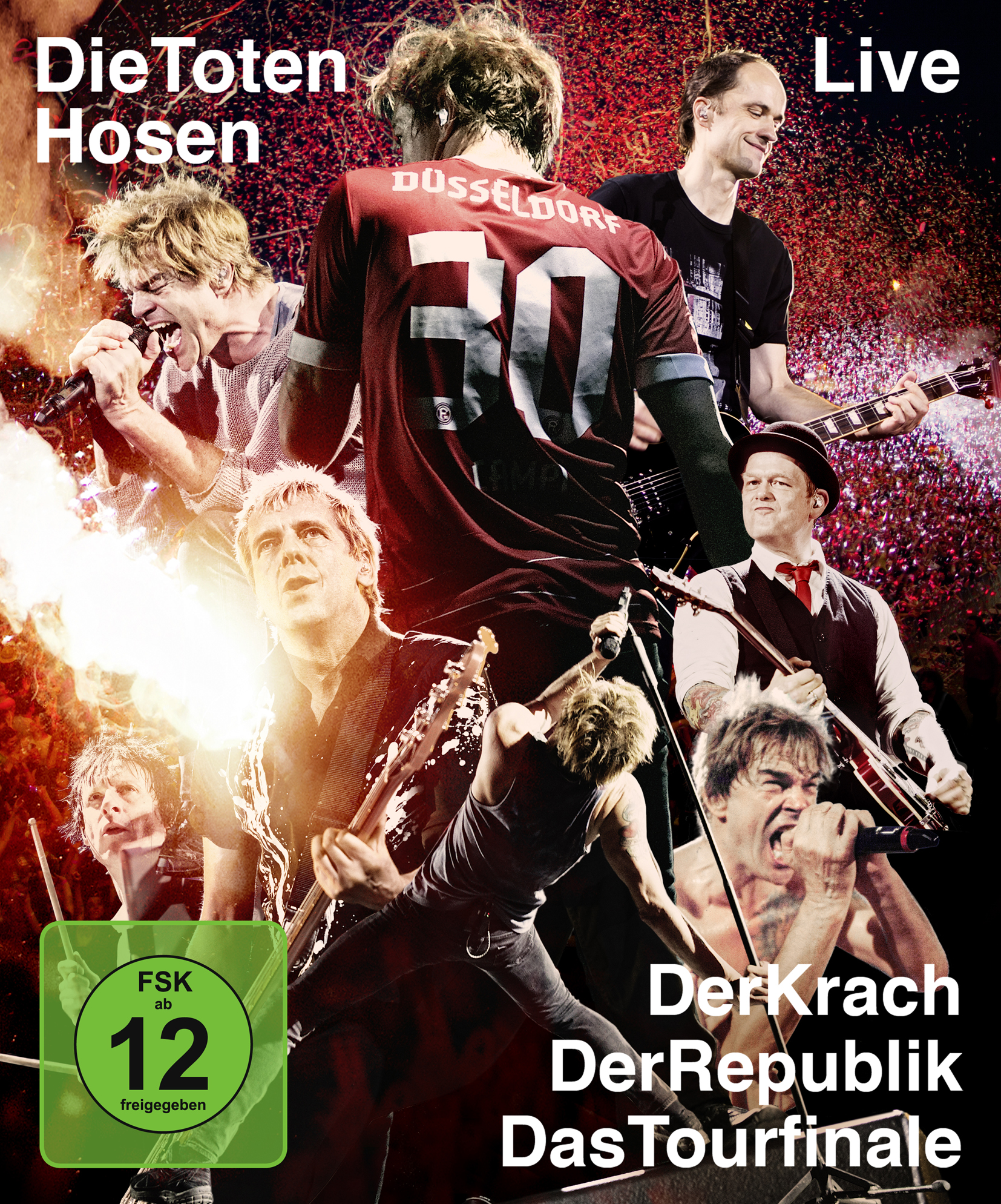 Live-Musik-DVD-Cover. Bandmitglieder treten auf der Bühne auf, Publikum im Hintergrund. Text: Die Toten Hosen Live.