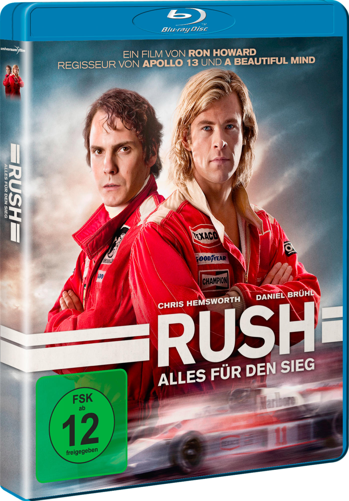 Filmcover: zwei Männer in roten Anzügen, Titel RUSH, und ein Blu-ray-Disc-Label.