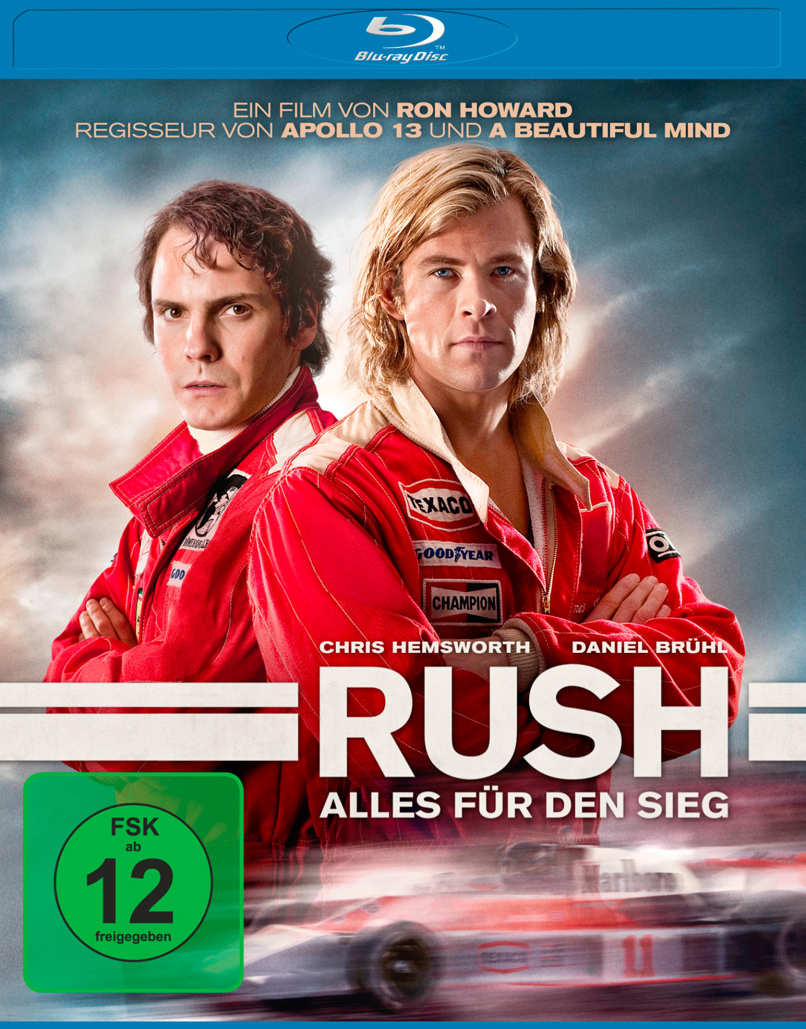 Filmcover mit zwei Männern in roten Rennanzügen, der Titel ist RUSH. Der Hintergrund zeigt ein Rennauto.