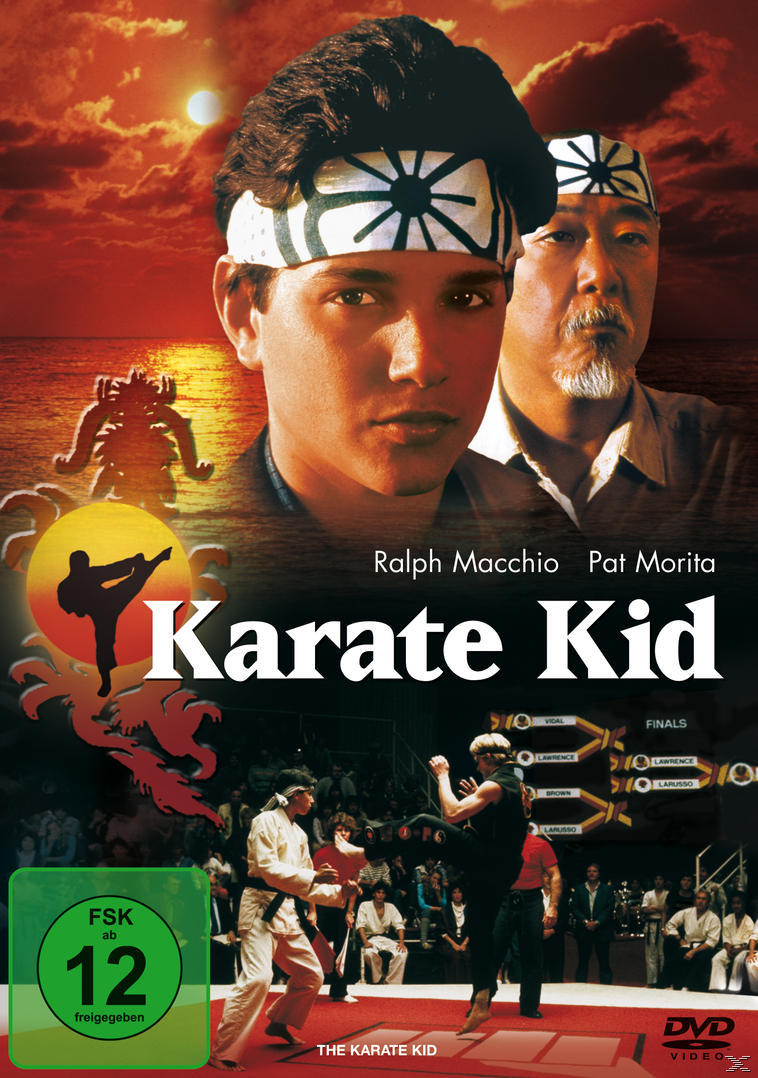 DVD-Cover von 'Karate Kid'. Zeigt Schauspieler, Karate-Action und einen Sonnenuntergang im Hintergrund.