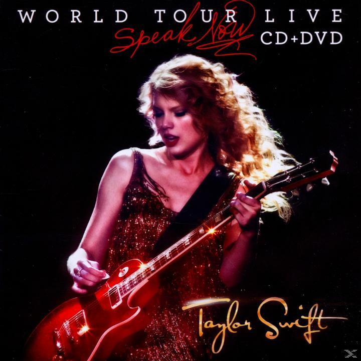 Albumcover mit Taylor Swift, die auf einer roten Gitarre spielt, auf der Bühne.