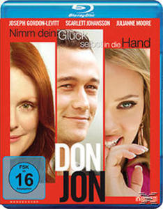 Blu-ray-Cover mit drei Gesichtern, der Filmtitel 'Don Jon'. Blauer Hintergrund.