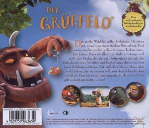 Rückseite des Buches 'Der Grüffelo'. Ein Cartoon-Monster und eine Maus, mit Text und Illustrationen. Waldhintergrund.