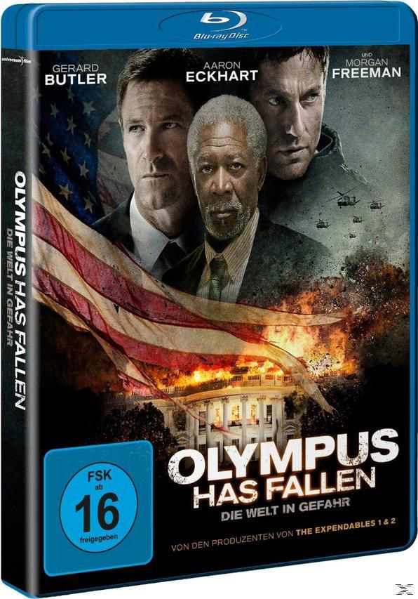 Blu-ray-Cover des Films „Olympus Has Fallen“. Gerard Butler, Aaron Eckhart und Morgan Freeman sind auf dem Cover.