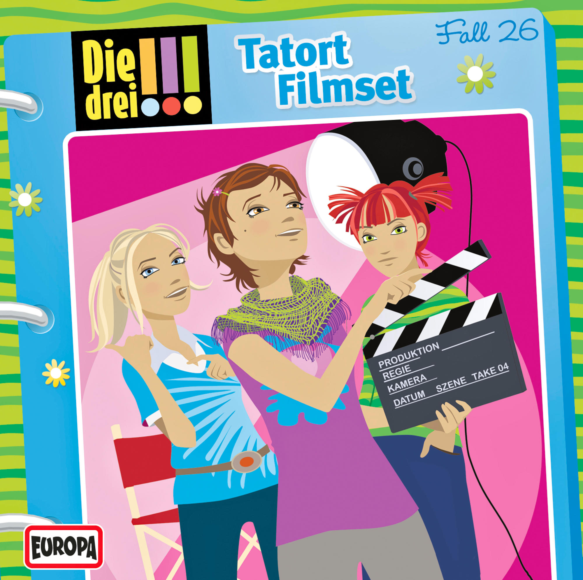 Comic-Cover: Drei Mädchen mit Klappe, Kamera und Text: Die drei ???